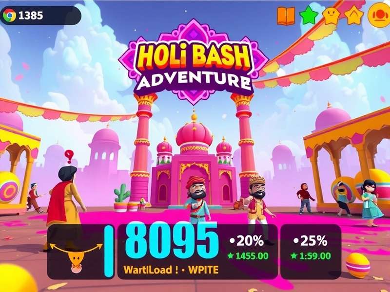 Holi Bash Adventure gameplay screenshot showing colorful festival environment